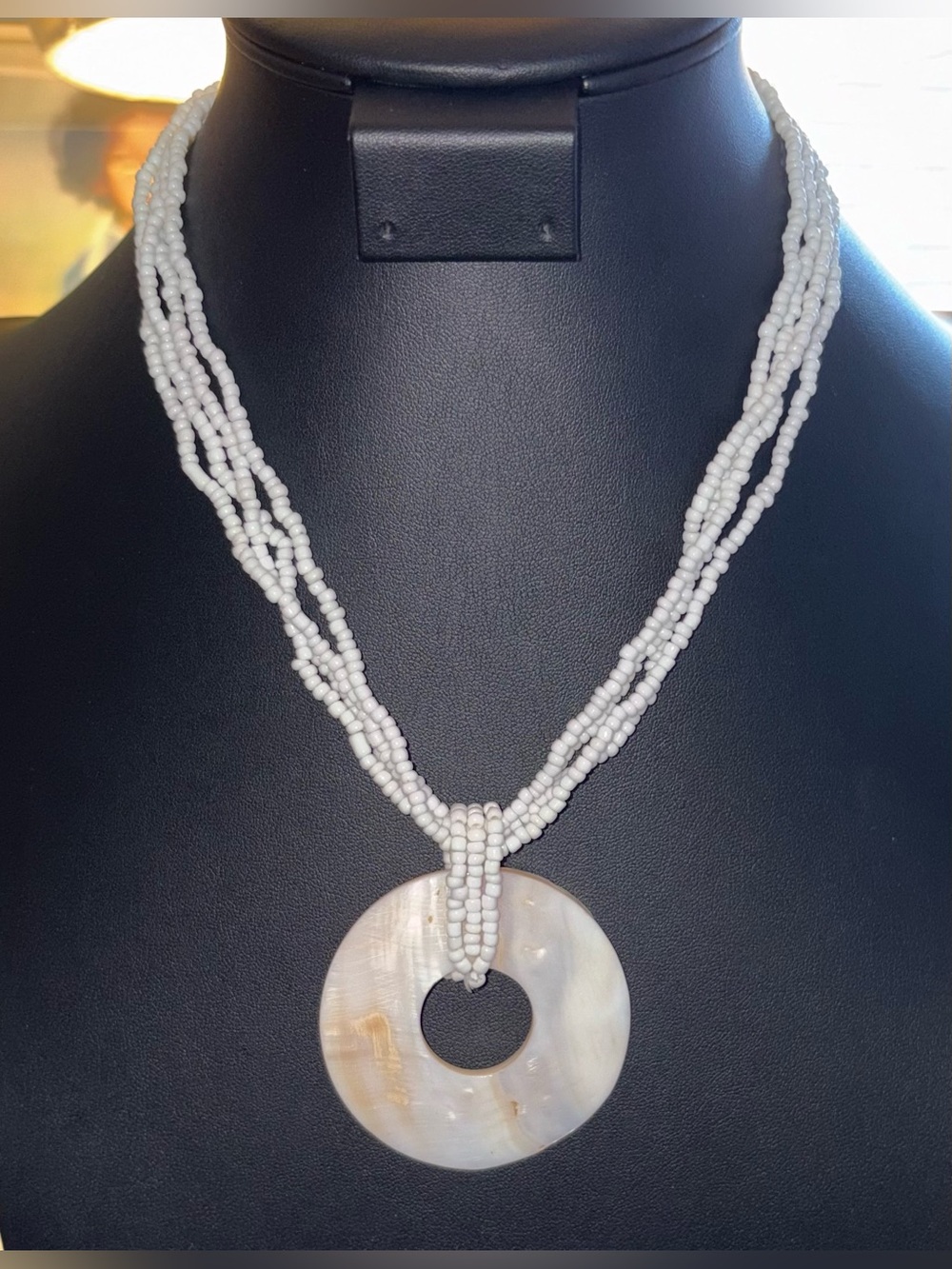 White Beaded Coastal Shell Pendant Necklace – Beachy Boho Statement